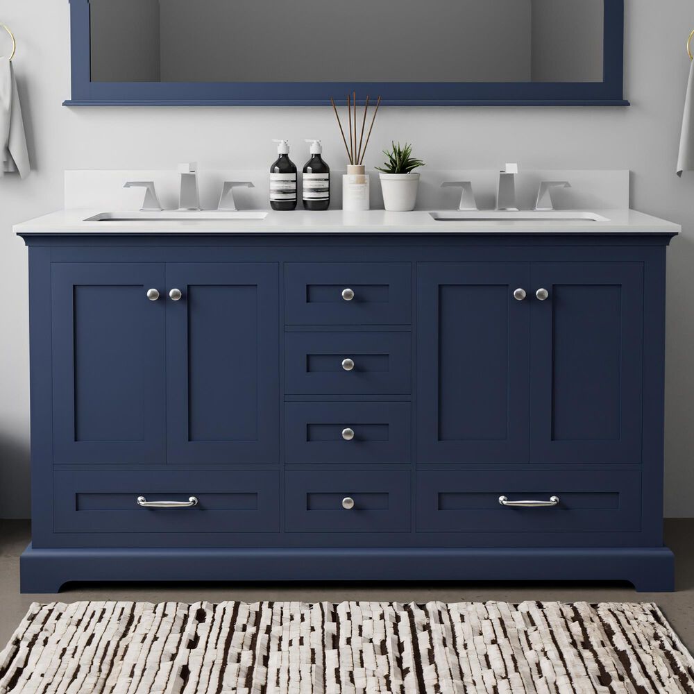 Lexora Home Dukes 60" Double Bathroom Vanity in Navy Blue with 2 cm White Cultured Marble Top and Rectangular Sinks, , large