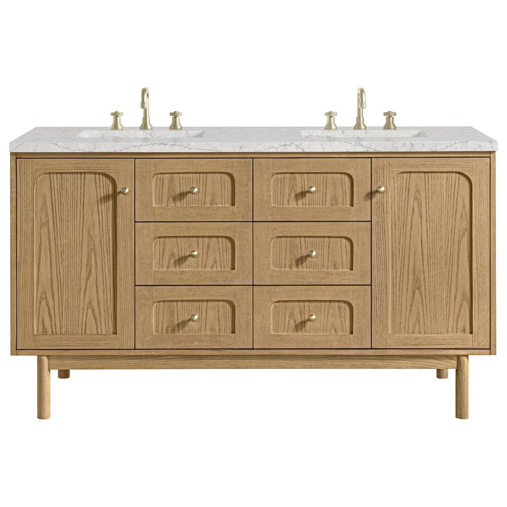 James Martin Vanities Laurent 60" Double Bathroom Vanity in Light Natural Oak with 3 cm Ethereal Noctis Silestone Top, Rectangular Sinks and FreePower Wireless Charger, , large