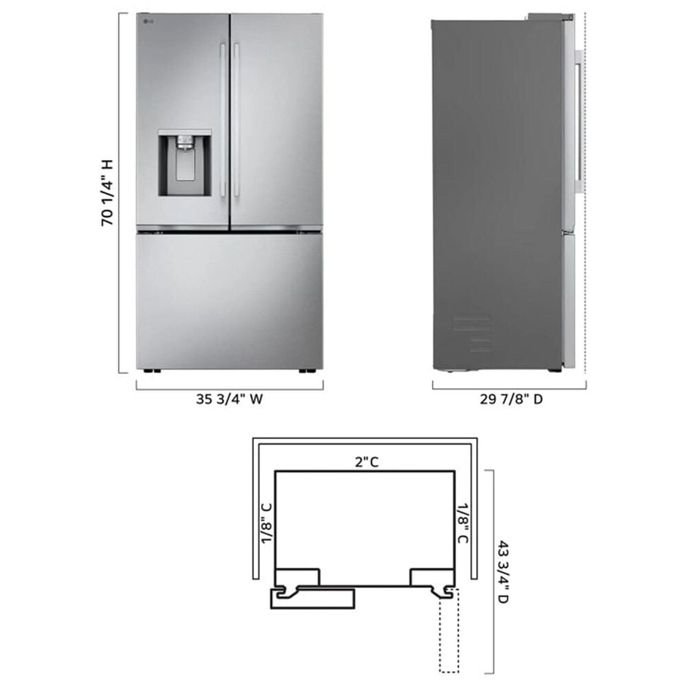 LG 23.7 Cu. Ft. 3-Door French Door Refrigerator with Zero Clearance in PrintProof Stainless Steel, , large