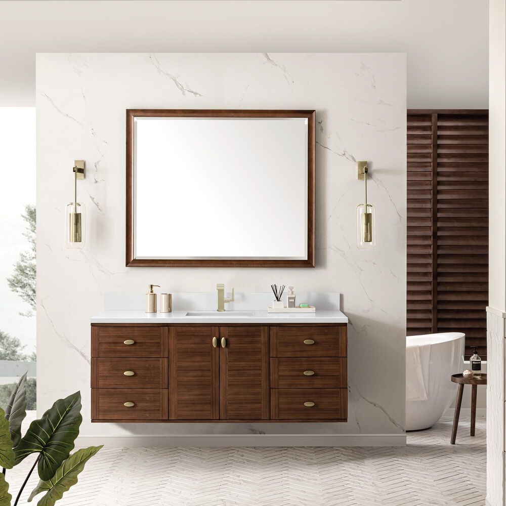 James Martin Vanities Amberly 60" Single Bathroom Vanity in Mid-Century Walnut with Single Hole 3 cm White Zeus Quartz Top and Rectangular Sink, , large