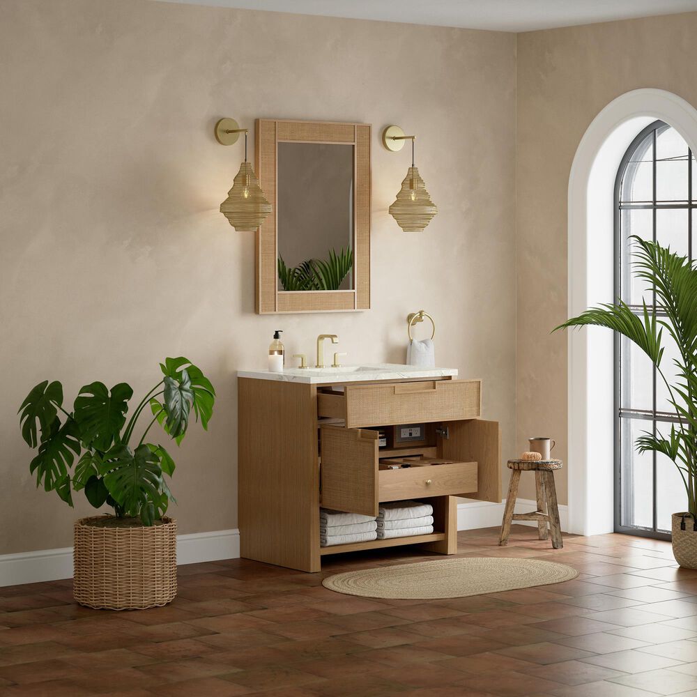James Martin Vanities Solene 36&quot; Single Bathroom Vanity in Seaside Oak with 3 cm Victorian Silver Quartz Top and Rectangular Sink, , large