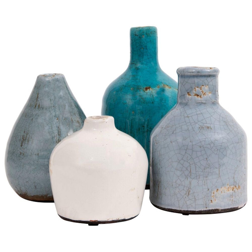 Creative Coop 4-Piece Round Terracotta Vase Set in Blue and Ivory, , large