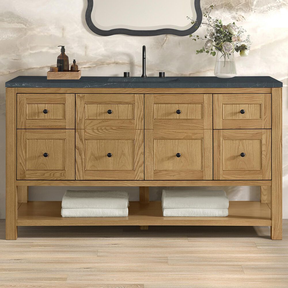 James Martin Vanities Breckenridge 60&quot; Single Bathroom Vanity in Light Natural Oak with 3 cm Charcoal Soapstone Quartz Top and Rectangular Sink, , large