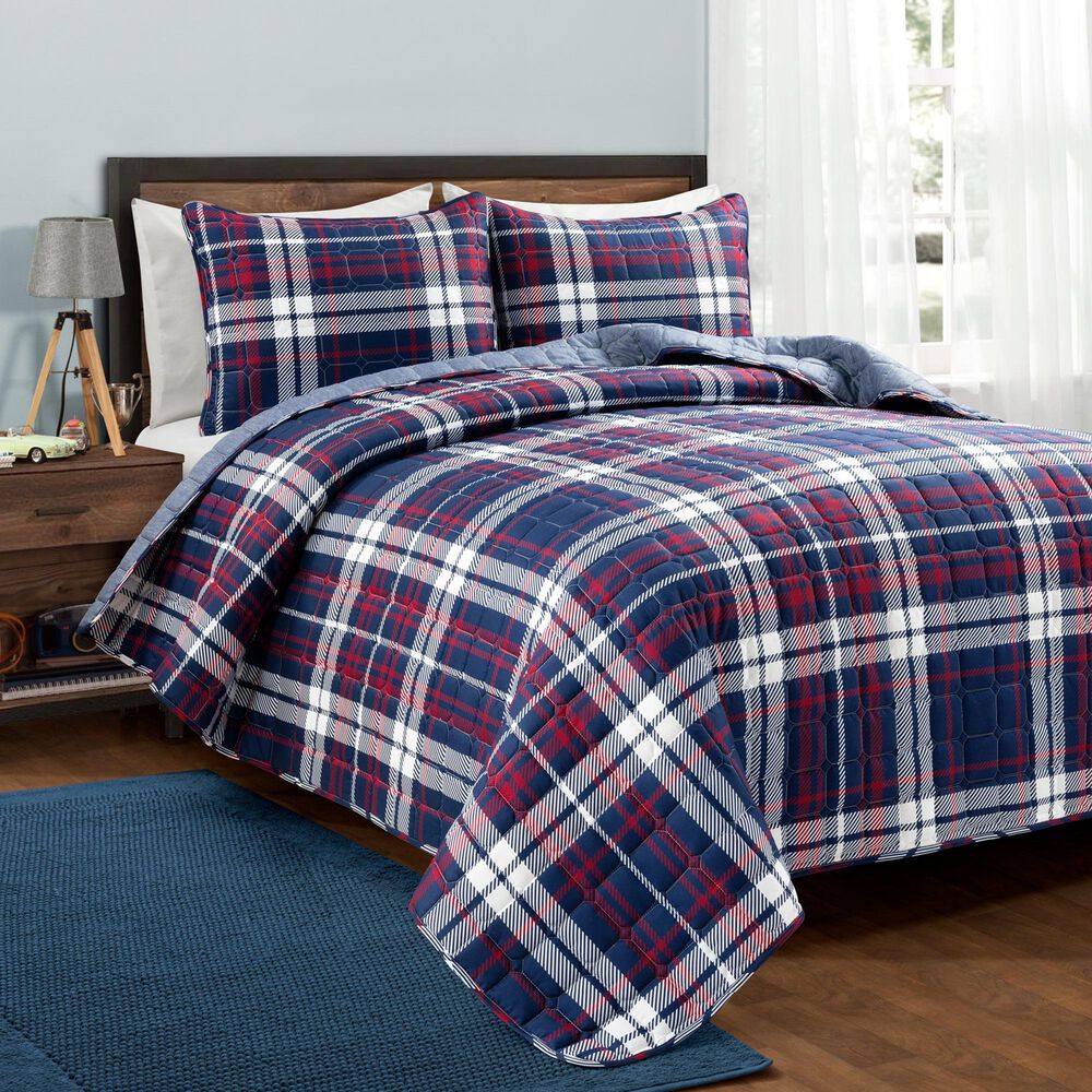 Triangle Home Fashions Grayson Farmhouse 3-Piece Full/Queen Quilt Set in Navy and Red, , large