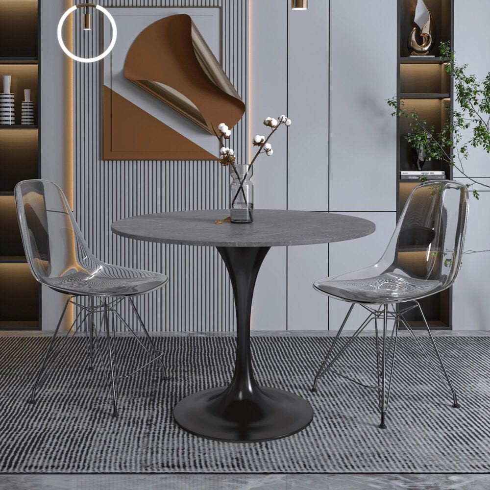 Leisuremod LeisureMod Verve Collection 36 Round Dining Table, Black Base with Sintered Stone Grey Top, , large