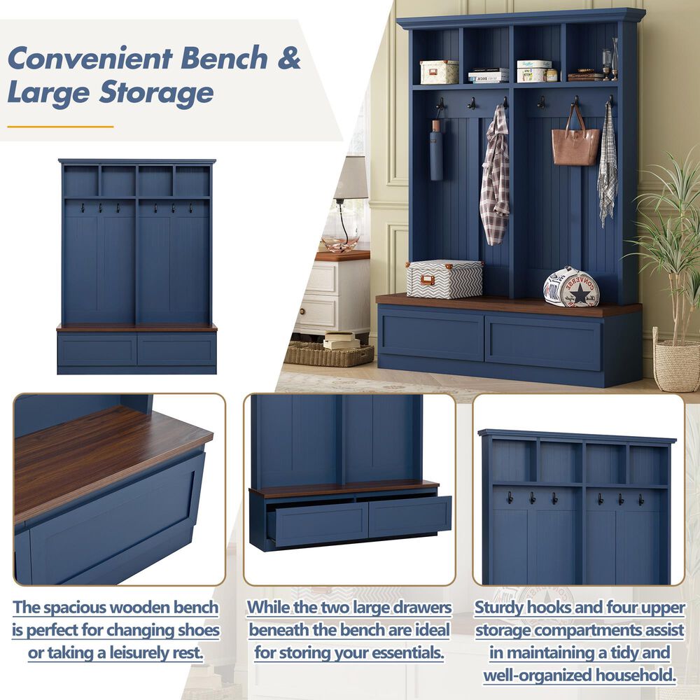 HOMLUX 6-Hook Hall Tree with Wood Grain Bench in Blue, , large