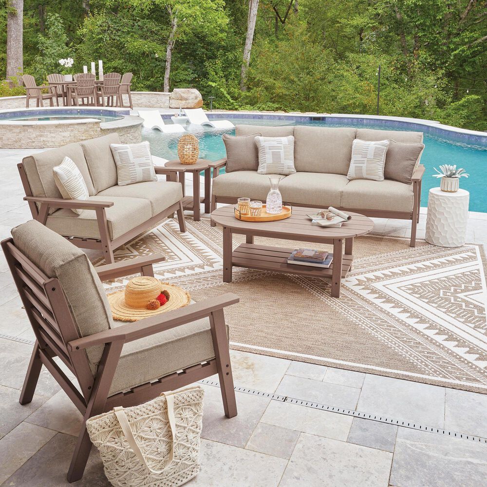 Ashley Grover Beach Outdoor Loveseat with Cushion in Driftwood, , large