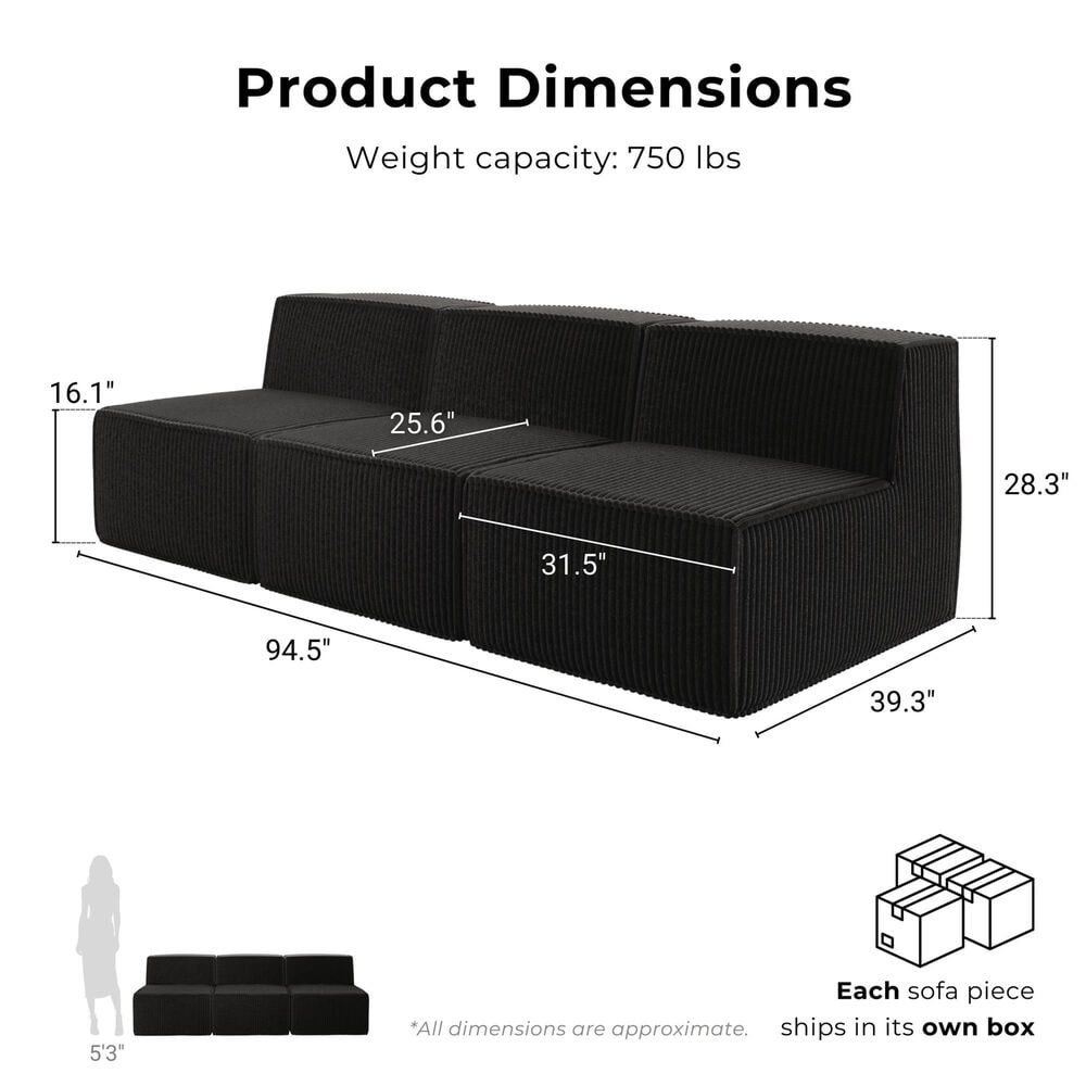 Furniture of America Facil 3-Piece Modular Armless Sofa in Black, , large