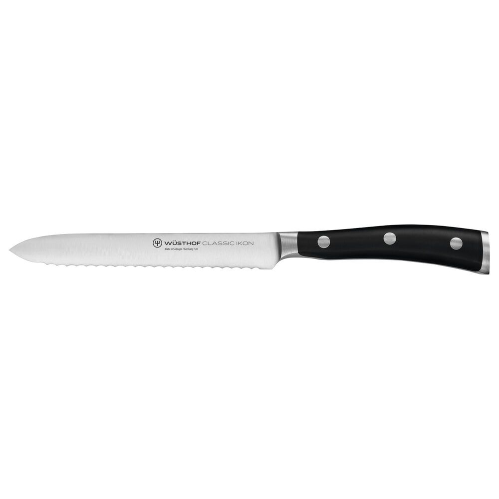 Wusthof Classic Ikon 5" Serrated Utility Knife in Stainless Steel and Black, , large