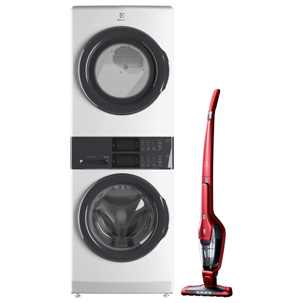 Electrolux 4.4 Cu. Ft. Front Load Washer and 8 Cu. Ft. Electric Dryer Stack Laundry with Chili Red Cordless 2-in-1 Vacuum in White, , large