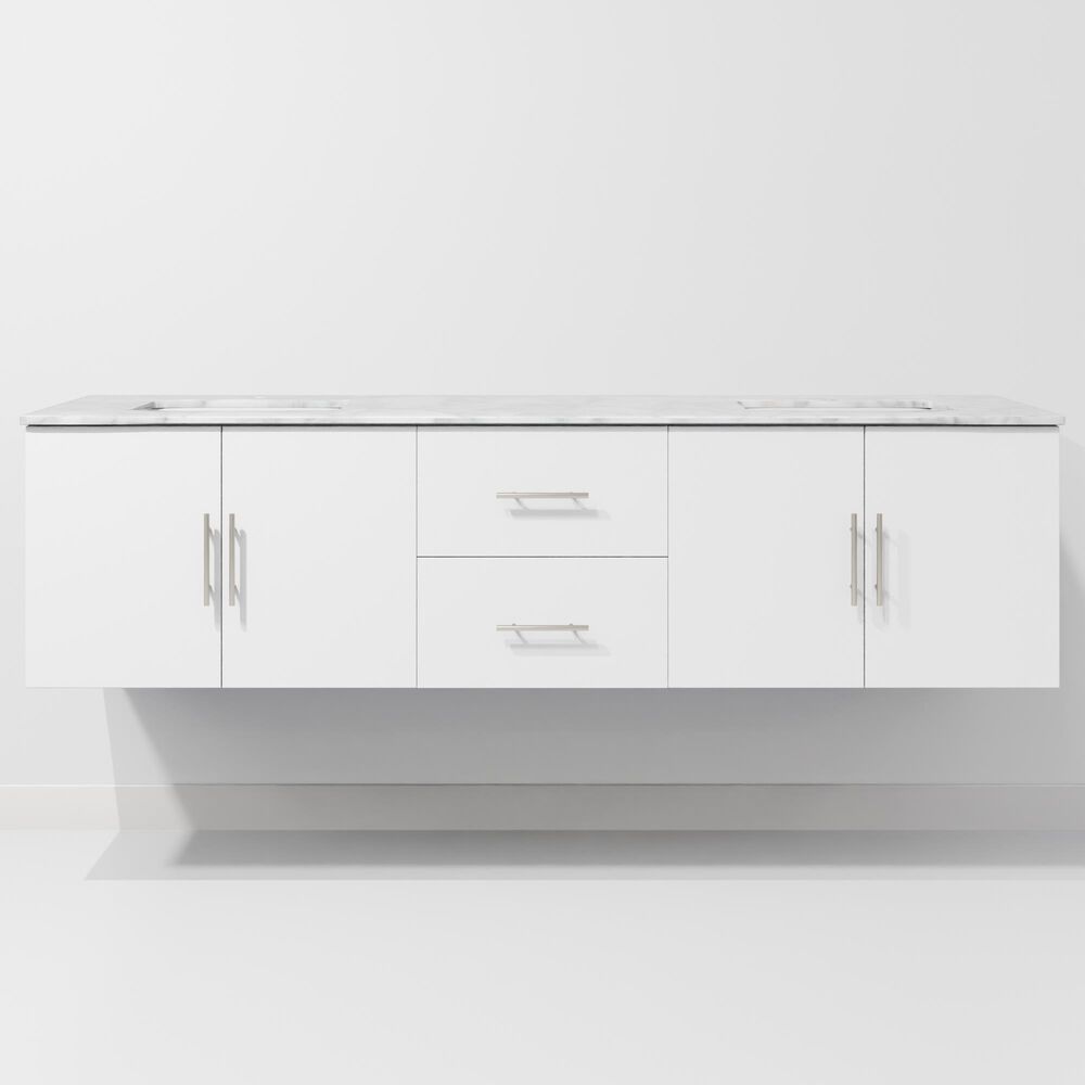 Lexora Home Geneva 72&quot; Double Bathroom Vanity in Glossy White with 2 cm White Carrara Marble Top and Rectangular Sinks, , large