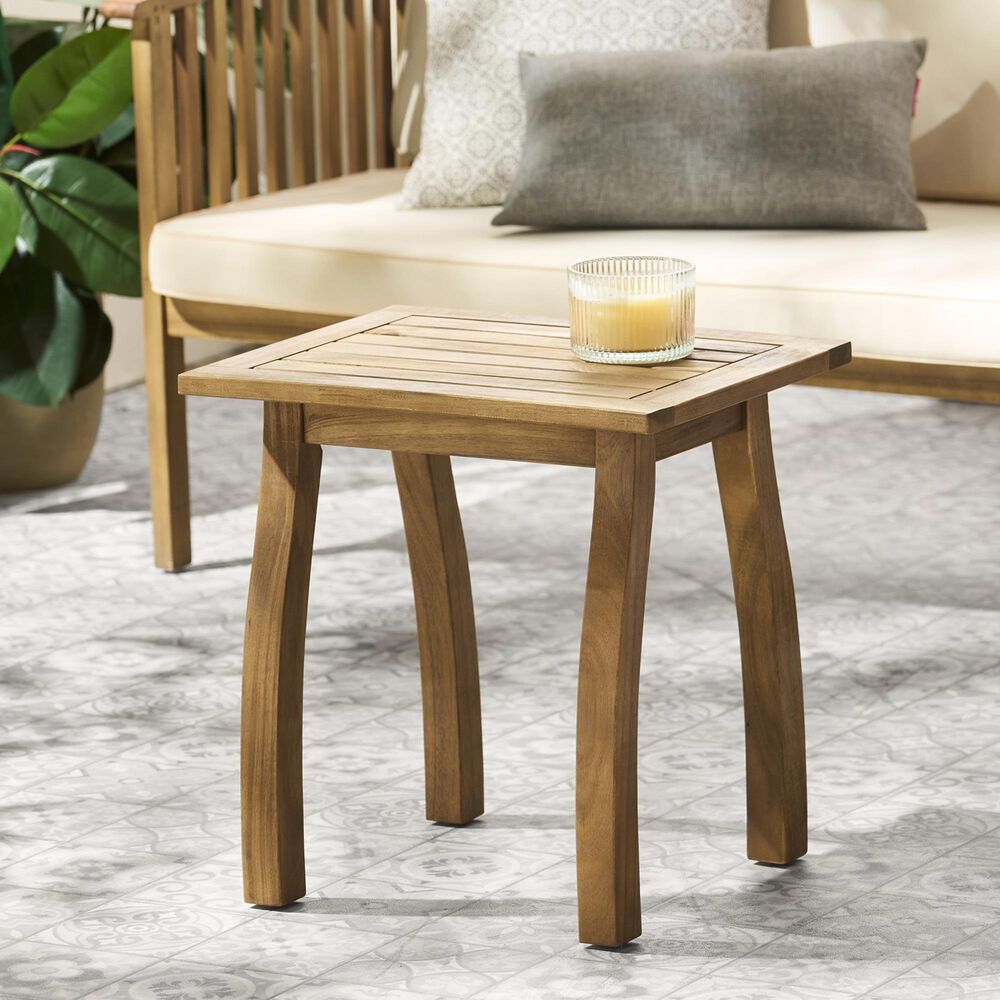 Hearth and Haven Selma Outdoor End Table with Slatted Top and Curved Legs in Natural Stained, , large