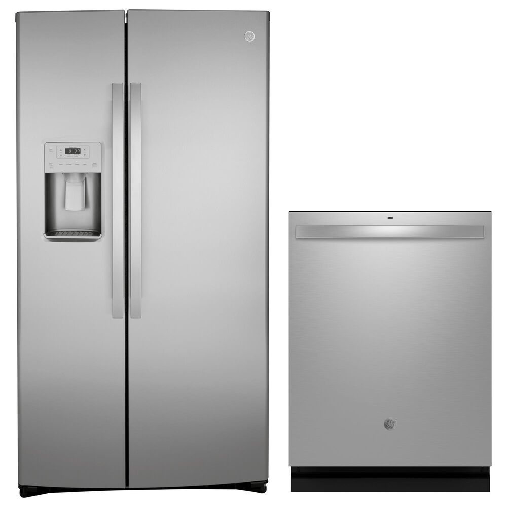 GE Appliances 2-Piece Kitchen Package with 25.1 Cu. Ft. Side-By-Side Refrigerator and Integrated Dishwasher in Fingerprint Resistant Stainless, , large