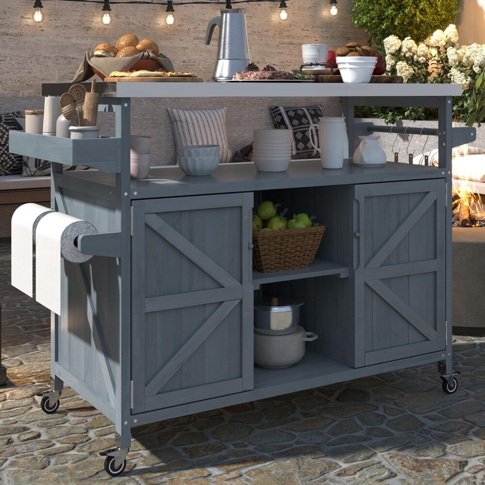 HOMLUX 50" Outdoor Kitchen Island in Grey Blue and Stainless Steel, , large