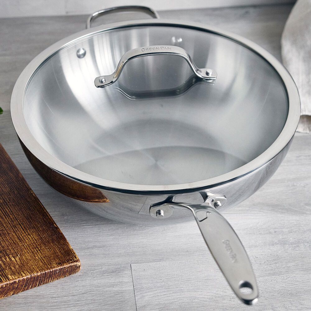 Green Pan Valencia Pro 12" Uncoated Wok with Lid and Helper Handle in Stainless Steel, , large