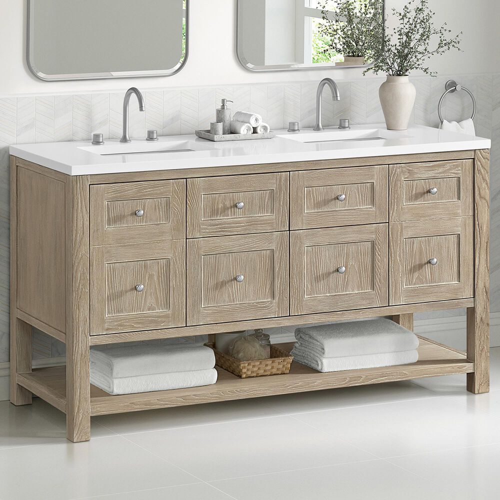 James Martin Vanities Breckenridge 60" Double Bathroom Vanity in Whitewashed Oak with 3 cm White Zeus Quartz Top and Rectangular Sinks, , large