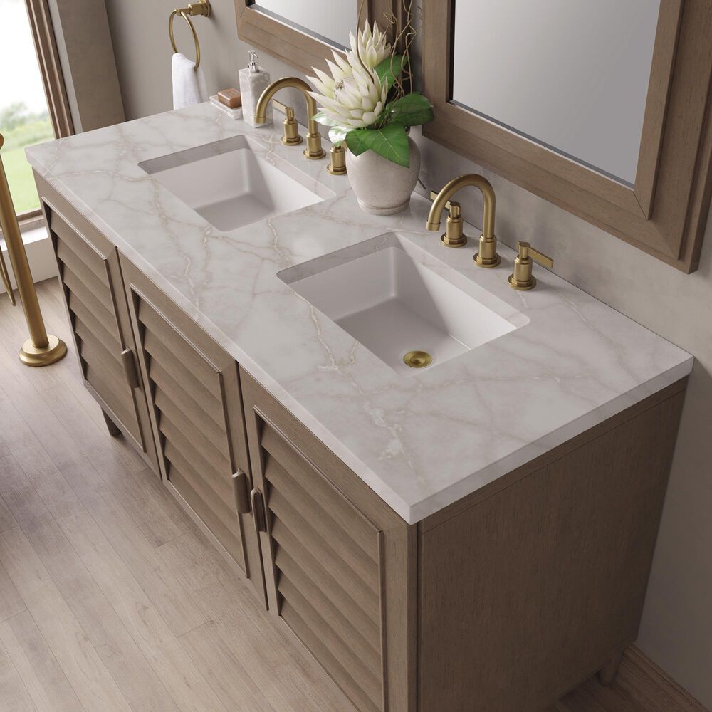 James Martin Vanities Portland 60&quot; Double Bathroom Vanity in Whitewashed Walnut with 3 cm Victorian Silver Quartz Top and Rectangular Sinks, , large
