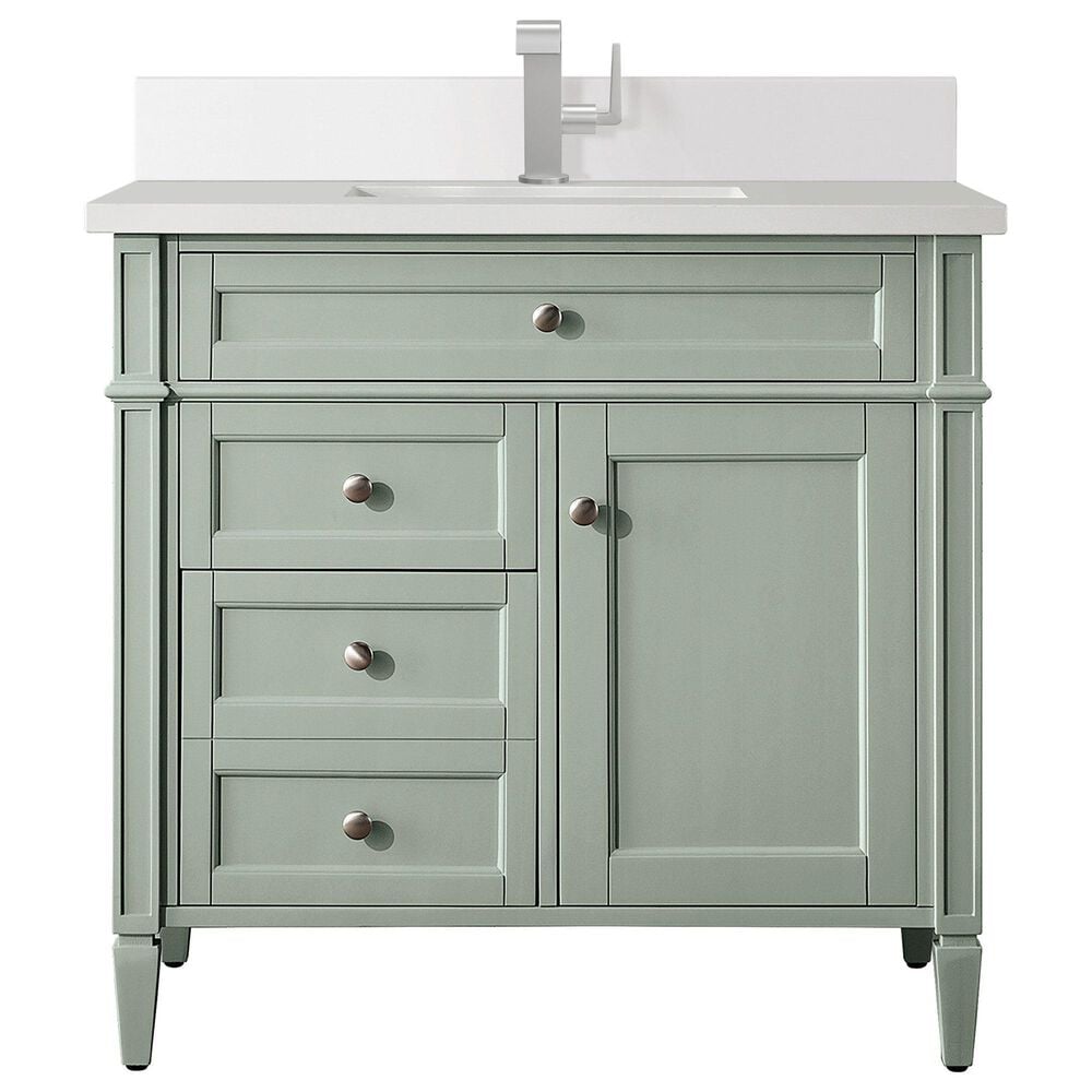 James Martin Vanities Brittany 36" Single Bathroom Vanity in Sage Green with Single Hole 3 cm White Zeus Quartz Top and Rectangular Sink, , large