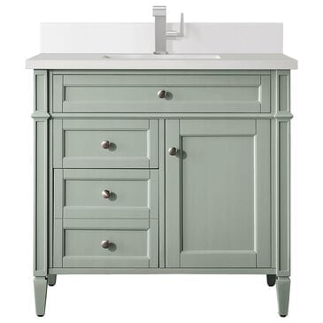 James Martin Vanities Brittany 36" Single Bathroom Vanity in Sage Green with Single Hole 3 cm White Zeus Quartz Top and Rectangular Sink, , large
