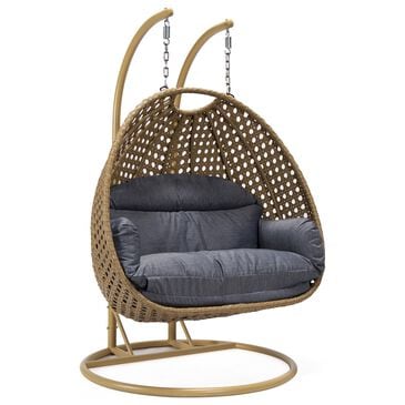 Leisuremod Mendoza Patio 2-Seat Hanging Egg Swing Chair with Charcoal Cushion in Light Brown, , large