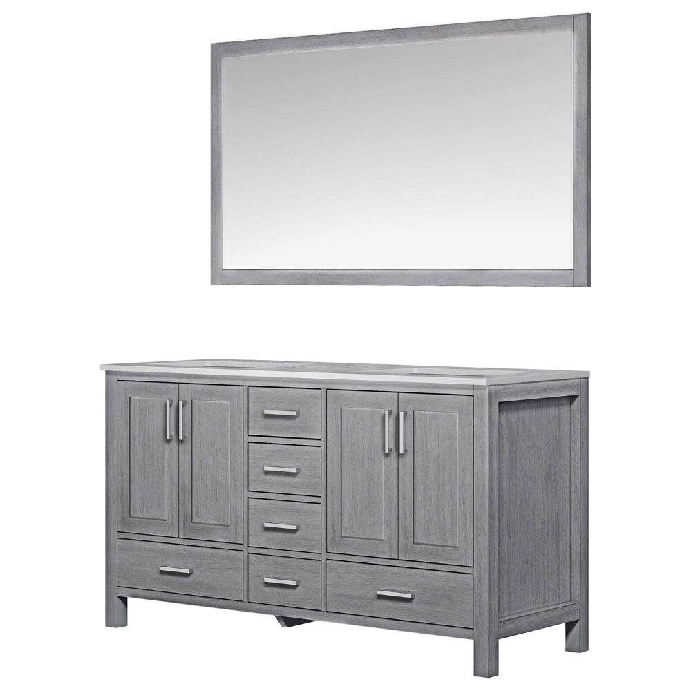 Lexora Home Jacques 60" Double Bathroom Vanity in Distressed Grey with White Carrara Marble Top, Rectangle Sinks and Mirror, , large