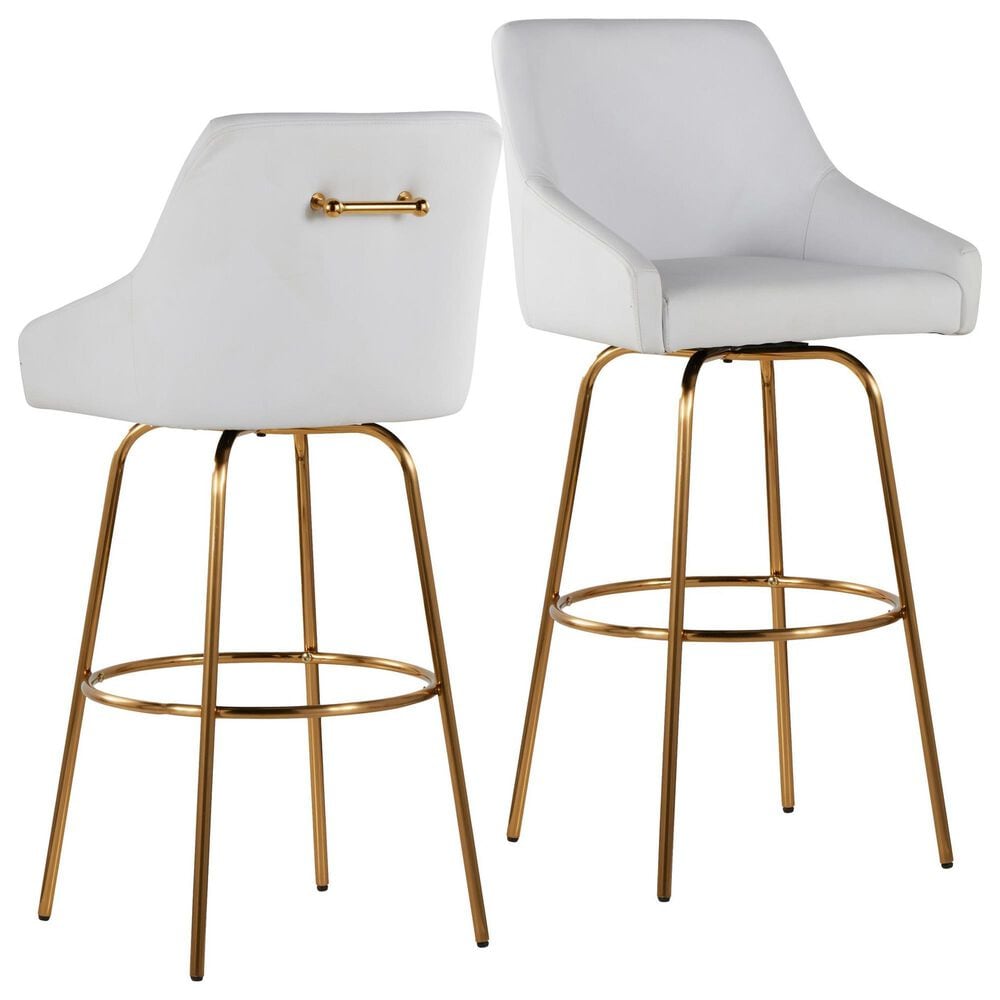LumiSource Hannah Swivel Bar Stool with White Faux Leather Upholstery in Gold (Set of 2), , large