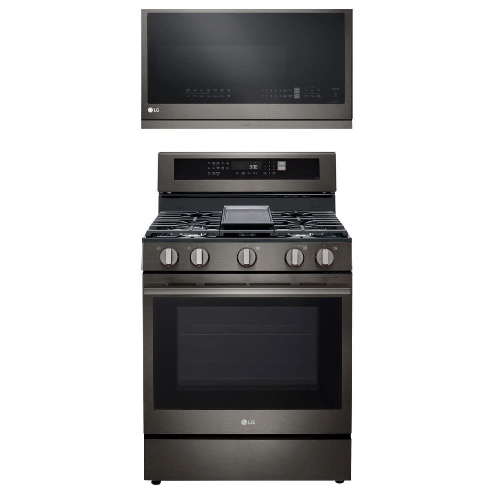LG 2-Piece Kitchen Package with 6.3 Cu. Ft. Smart Freestanding Gas Range and 2.1 Cu. Ft. Smart Over-the-Range Microwave in Black Stainless Steel, , large