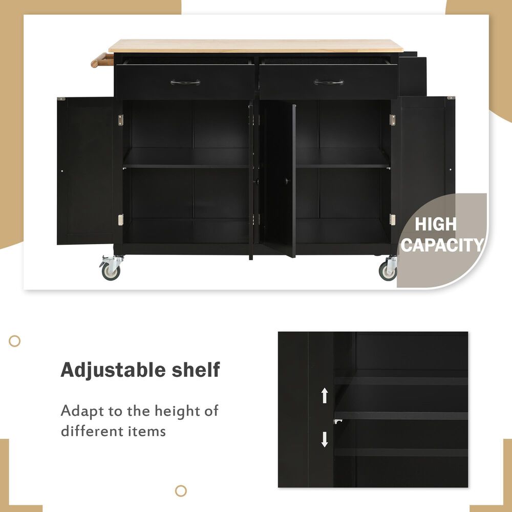 HOMLUX 54" Kitchen Island Cart with Solid Wood Top and Locking Wheels in Black, , large