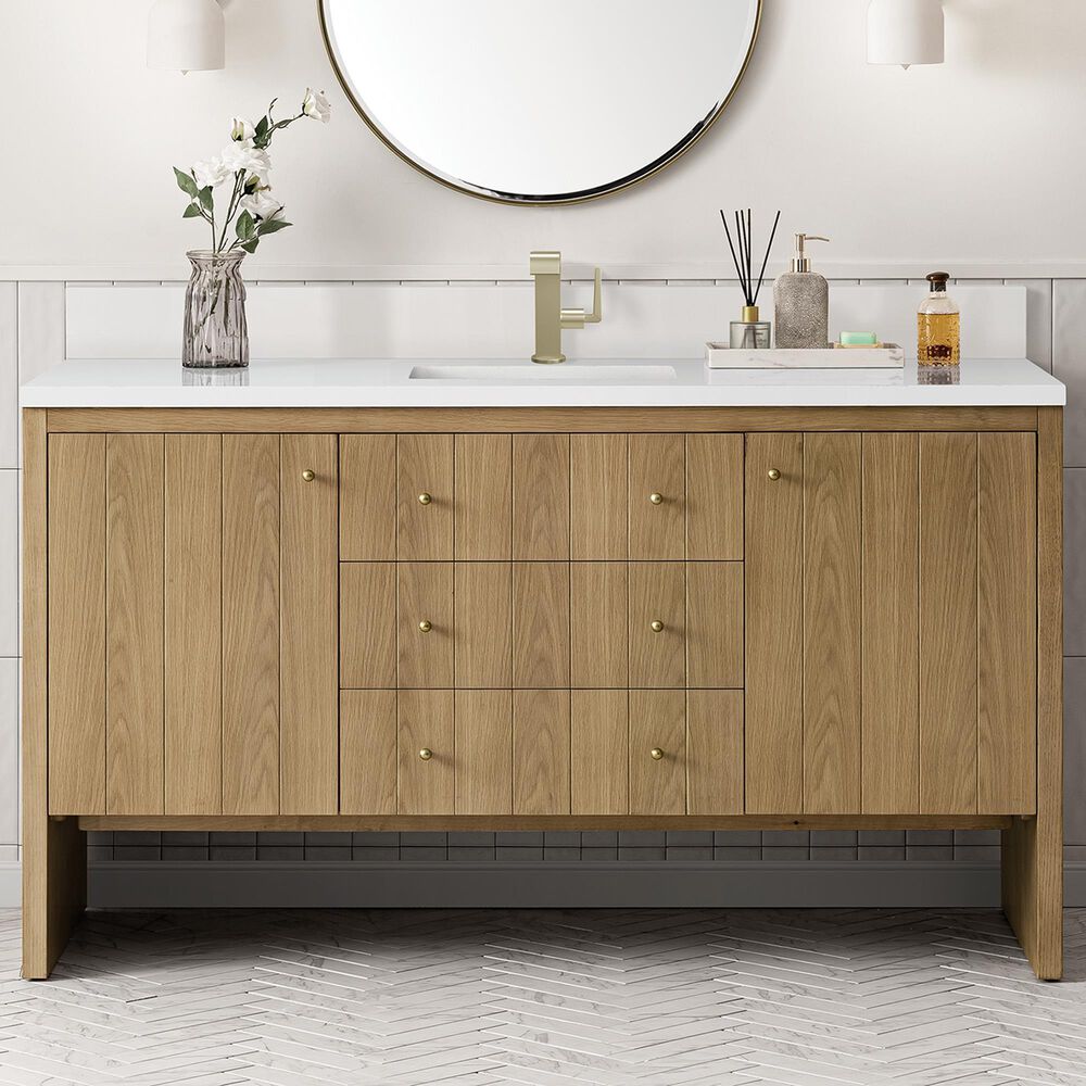 James Martin Vanities Hudson 60" Single Bathroom Vanity in Light Natural Oak with Single Hole 3 cm White Zeus Quartz Top and Rectangular Sink, , large