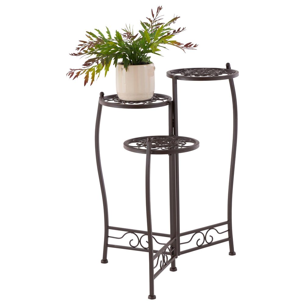 Maple and Jade 3-Tier Indoor/Outdoor Plant Stand with Scroll Details in Brown, , large