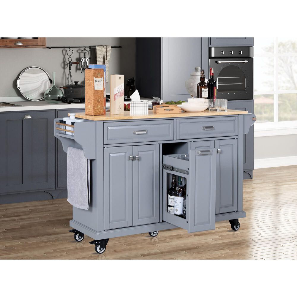 HOMLUX Kitchen Island with Rubber wood Countertop in Grey, , large