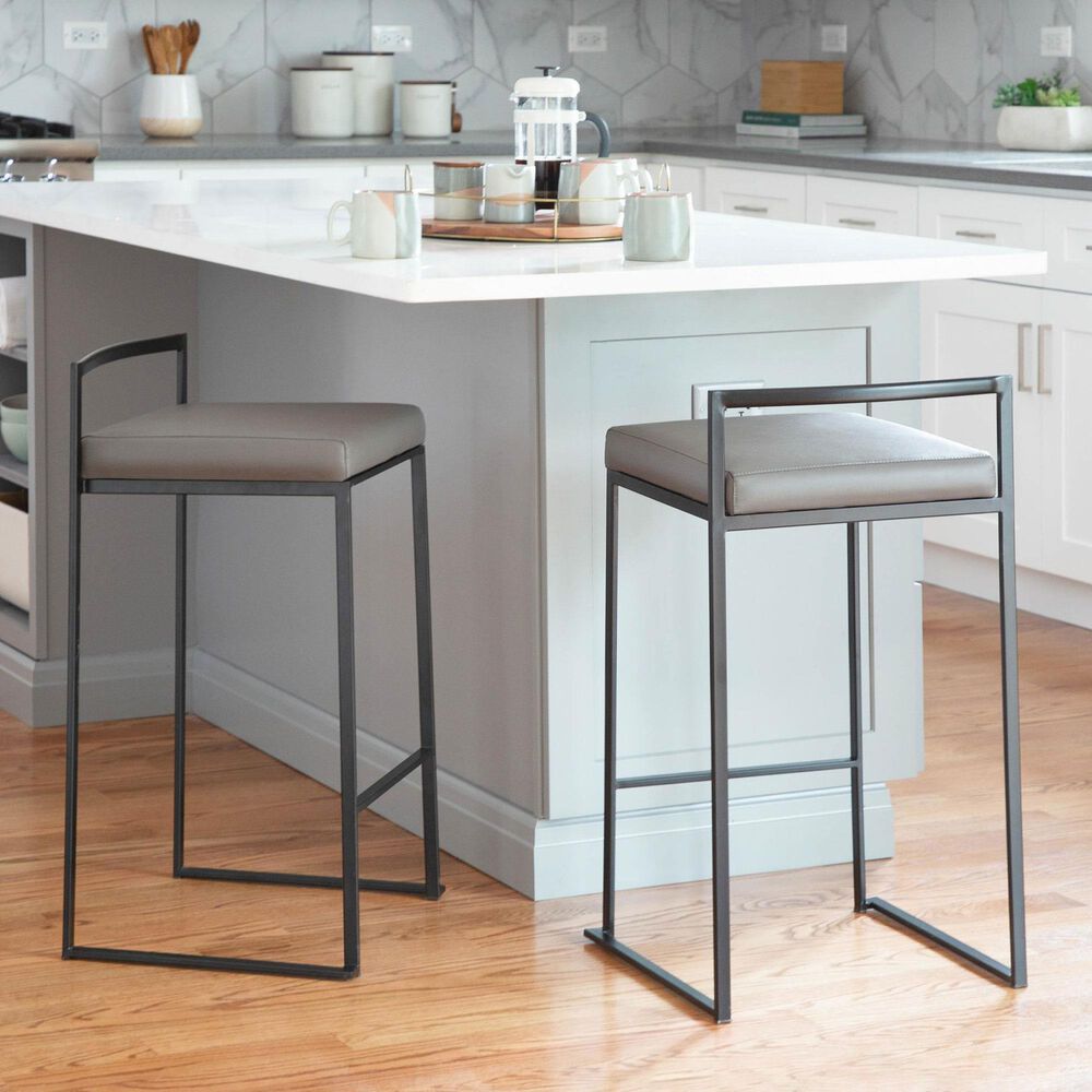 Lumisource Fuji Stackable Counter Stool with Grey Faux Leather Cushion in Black &#40;Set of 2&#41;, , large