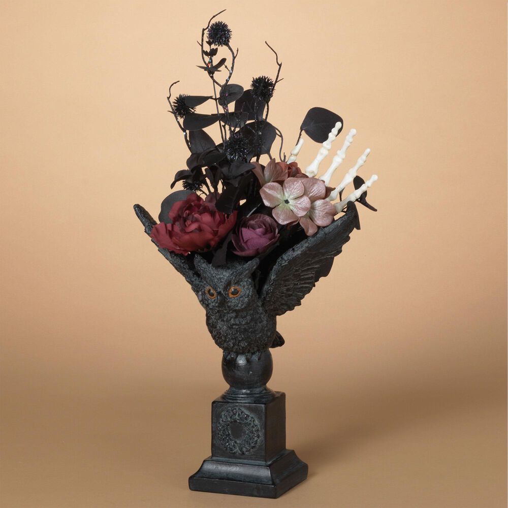 The Gerson Company 20&quot;H Resin Halloween Owl with Floral Arrangement in Black, , large
