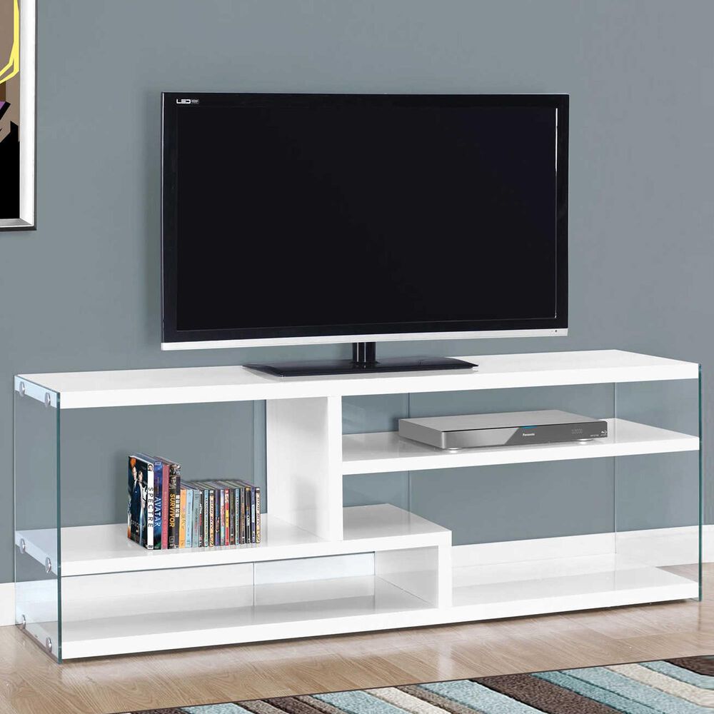 Monarch Specialties 60&quot; TV Stand with Tempered Glass in Glossy White, , large