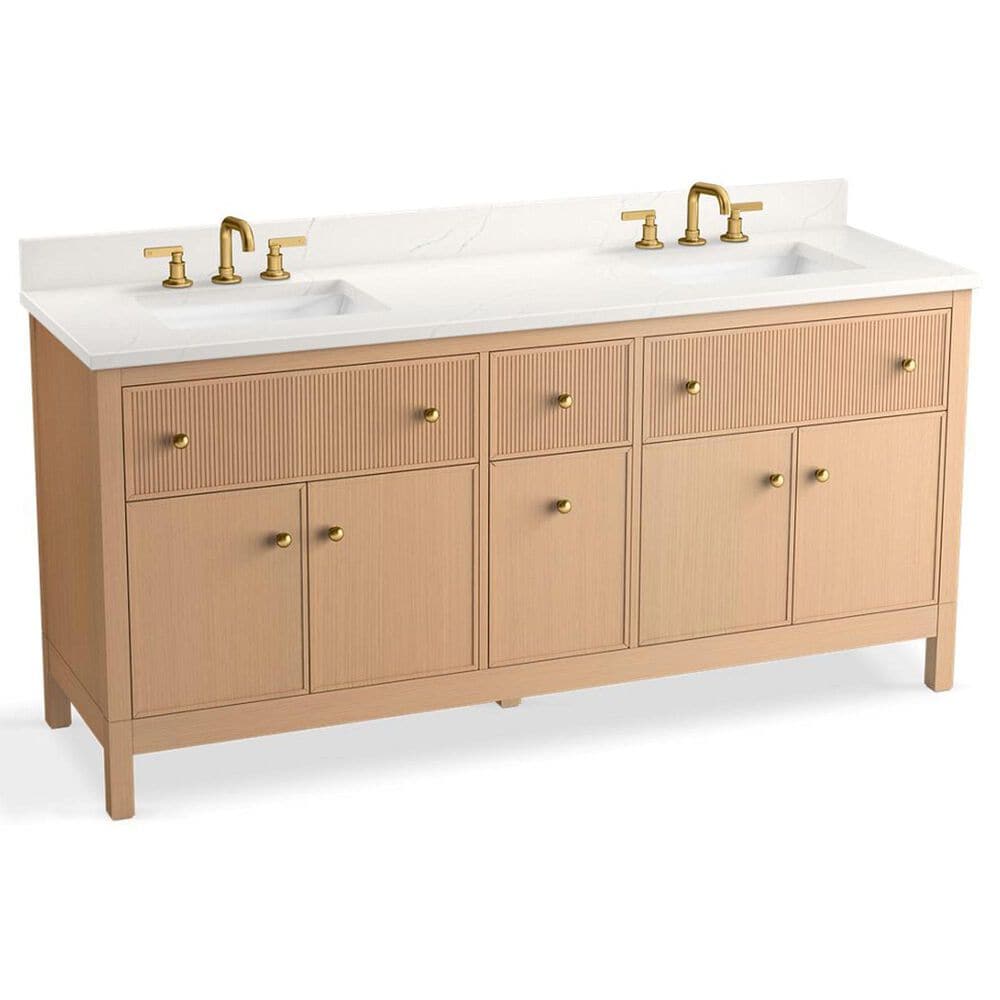 Kohler Malin 72" Double Bathroom Vanity in White Oak with 3 cm White Quartz Top and Rectangular Sinks, , large