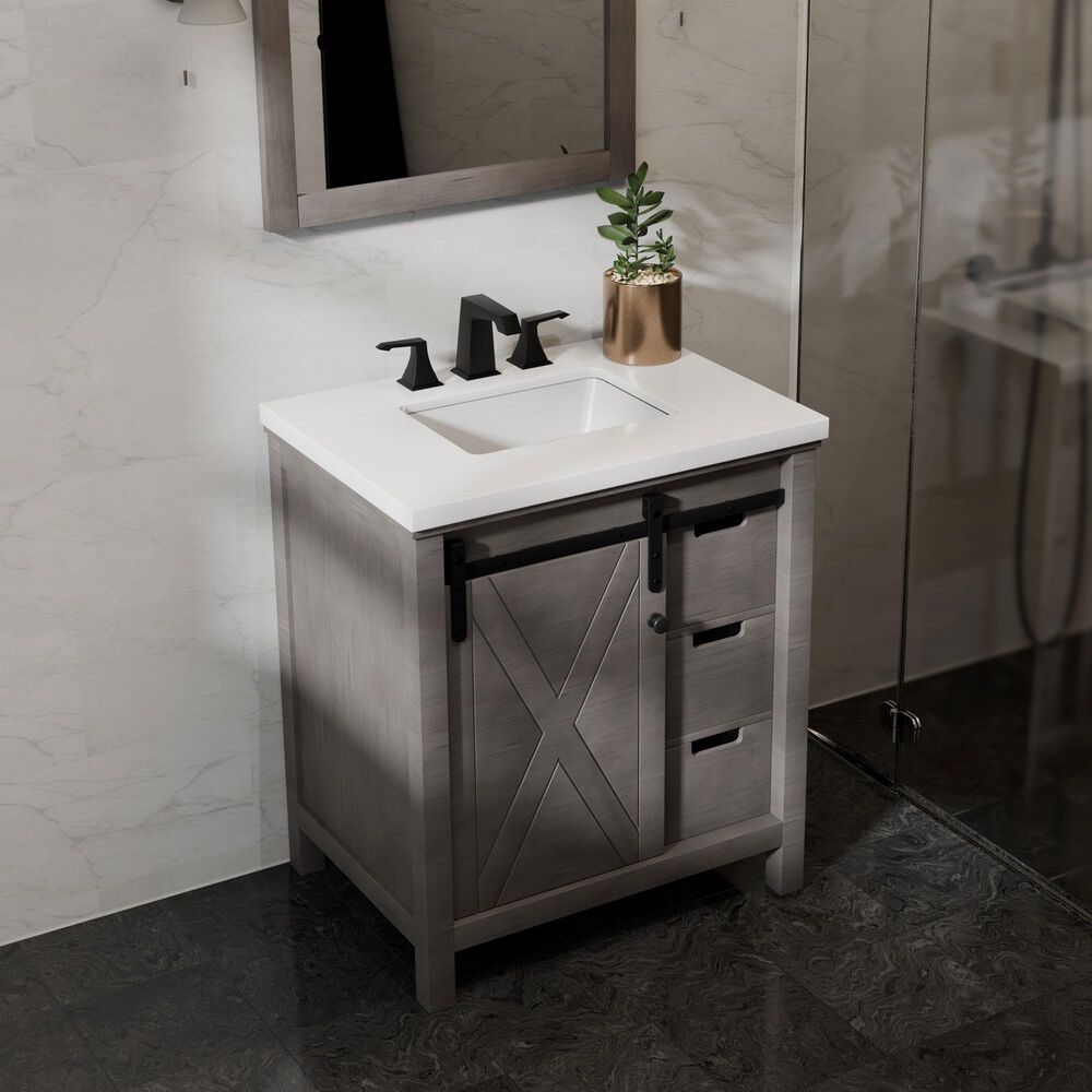 Lexora Home Marsyas 30" Single Bathroom Vanity in Ash Grey with White Quartz Top and Rectangular Sink, , large