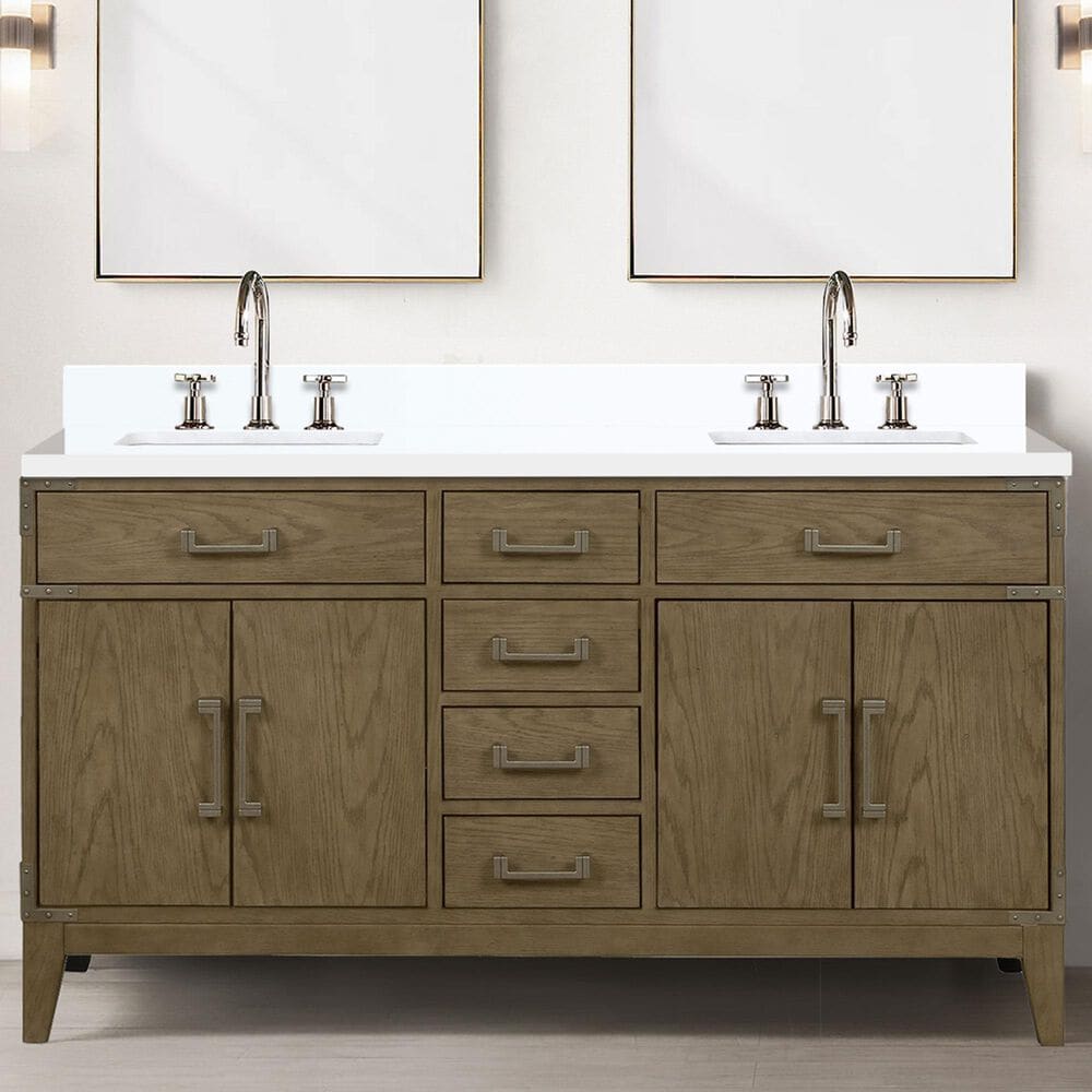 Lexora Home Laurel 60" Double Bathroom Vanity in Grey Oak with White Quartz Top and Rectangular Sinks, , large