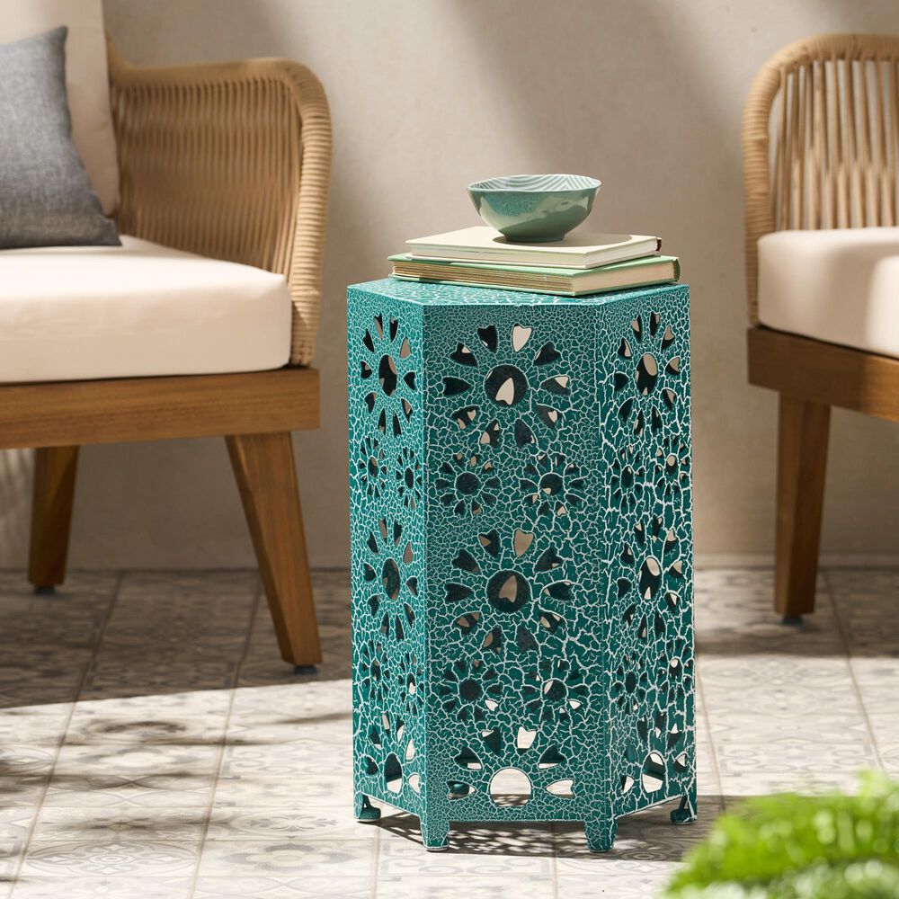 Hearth and Haven Eliana 12" Outdoor Hexagon Metal Side Table with Sunburst Cut Out Design in Teal, , large
