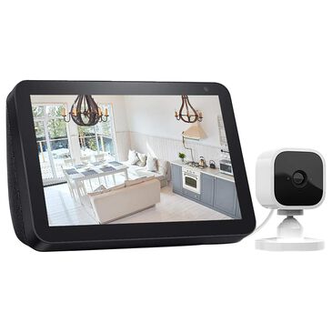Amazon Blink Mini Security Cam in White + Echo Show 5 Smart Display with Alexa in Charcoal, , large
