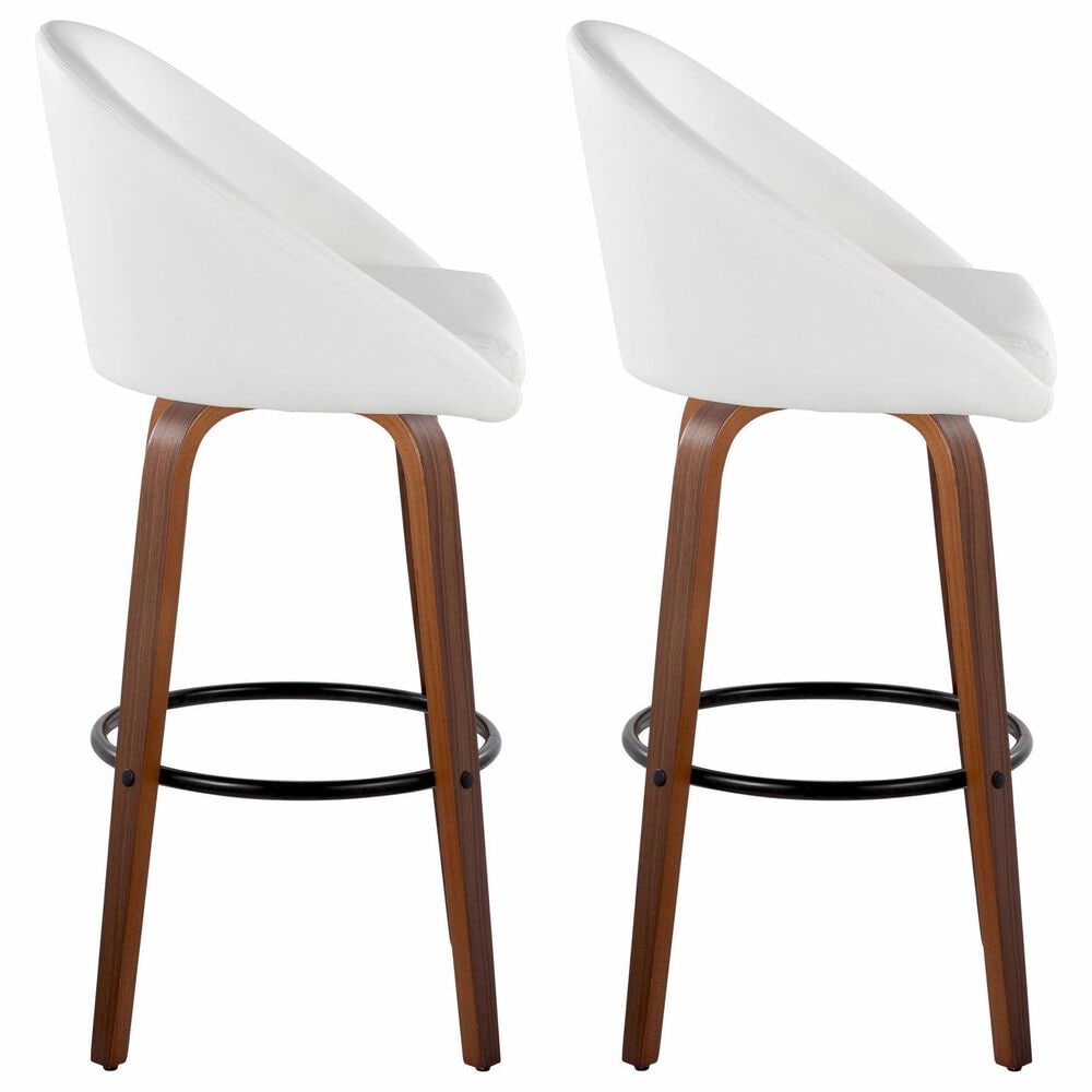 LumiSource Matisse 30" Swivel Barstool with White Faux Leather Upholstery in Walnut and Black (Set of 2), , large