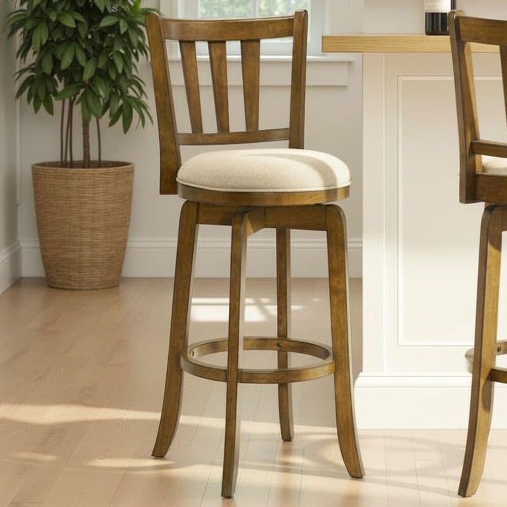 Armen Living Wren Swivel Bar Height Stool with Light Scone Upholstery in Sepia Brown, , large