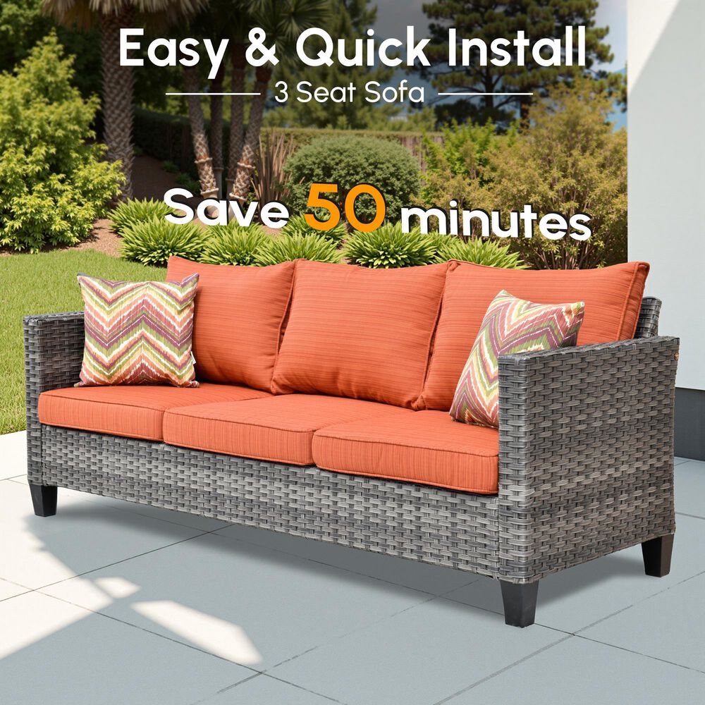 HOMLUX 3-Piece 77" Patio Sofa and Ottoman Set in Orange, , large