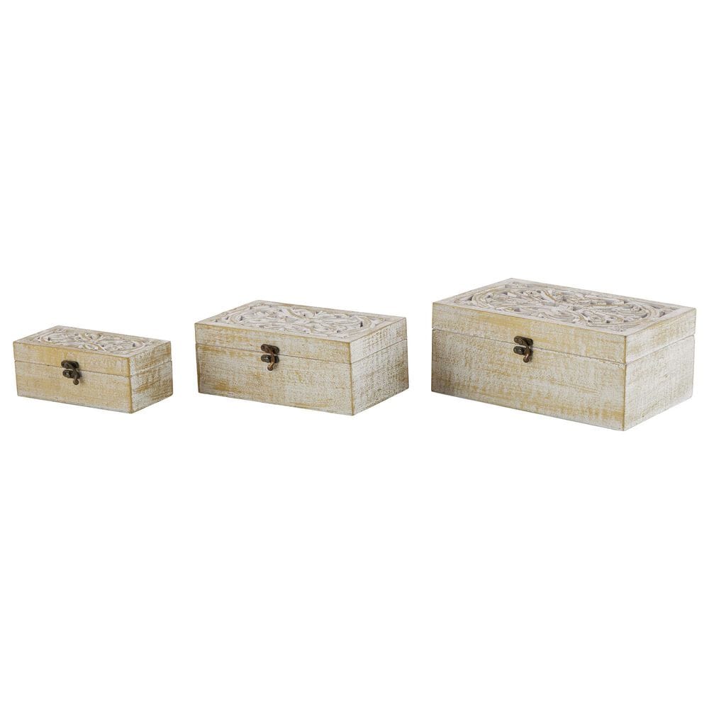 Maple and Jade 3-Piece Handmade Floral Decorative Box Set with Hinged Lid in White and Brown, , large