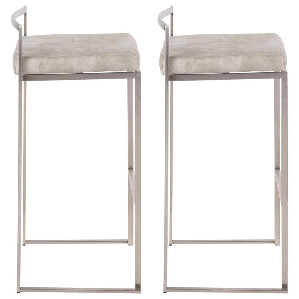 LumiSource Fuji 30" Stacker Bar Stool with Light Grey Cowboy Upholstery in Stainless Steel (Set of 2), , large