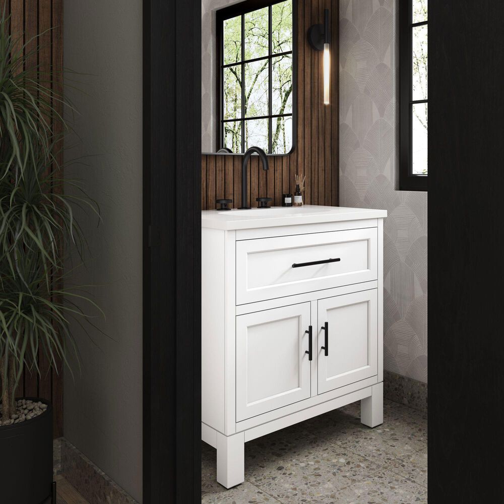 Kohler Quo 30&quot; Single Bathroom Vanity in White with 3 cm Pure White Quartz Top and Oval Sink, , large