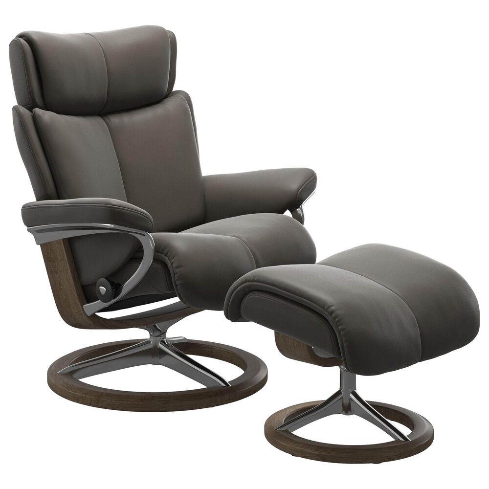 Stressless Magic Medium Leather Chair and Ottoman in Paloma Metal Grey, , large