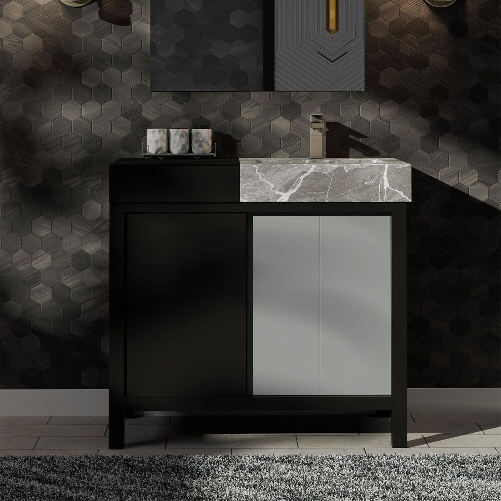 Lexora Home Zilara 36&quot; Single Bathroom Vanity in Black and Grey with 11 cm Castle Grey Marble Top and Rectangular Sink, , large