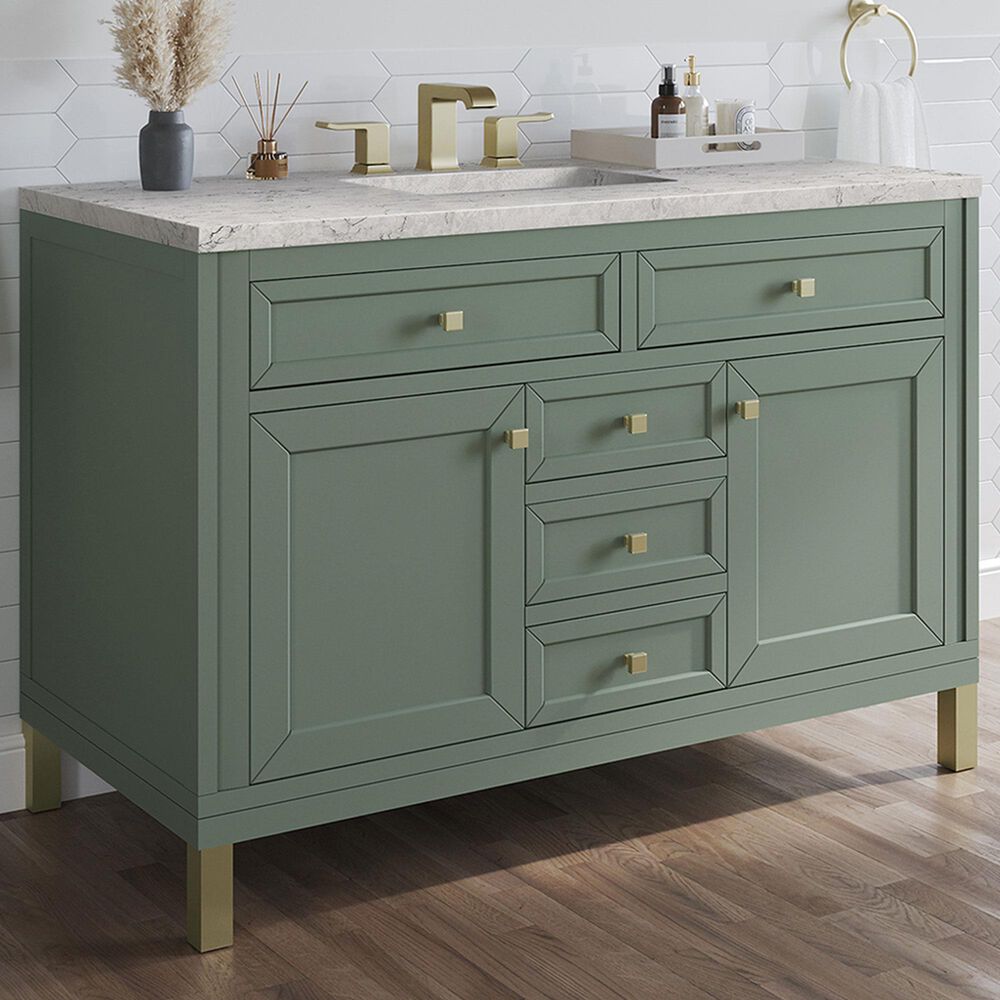 James Martin Vanities Chicago 48&quot; Single Bathroom Vanity in Smokey Celadon with 3 cm Eternal Jasmine Pearl Quartz Top and Rectangular Sink, , large
