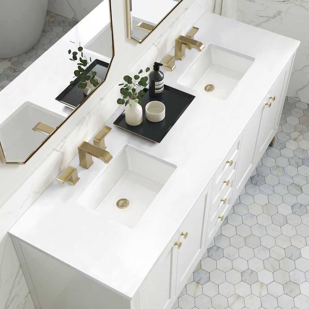 James Martin Vanities Chicago 72&quot; Double Bathroom Vanity in Glossy White with 3 cm White Zeus Quartz Top and Rectangular Sinks, , large