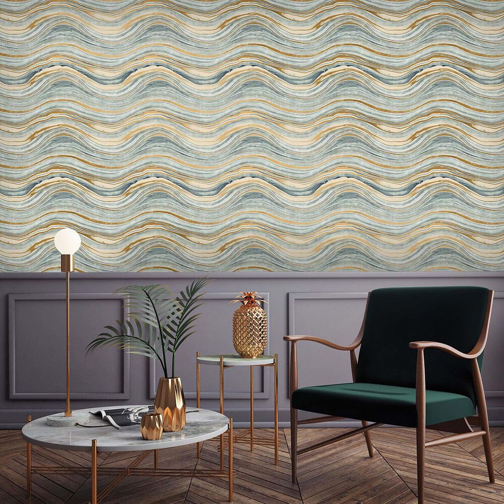 Tempaper Travertine Aquamarine & Gold Peel and Stick Wallpaper, , large